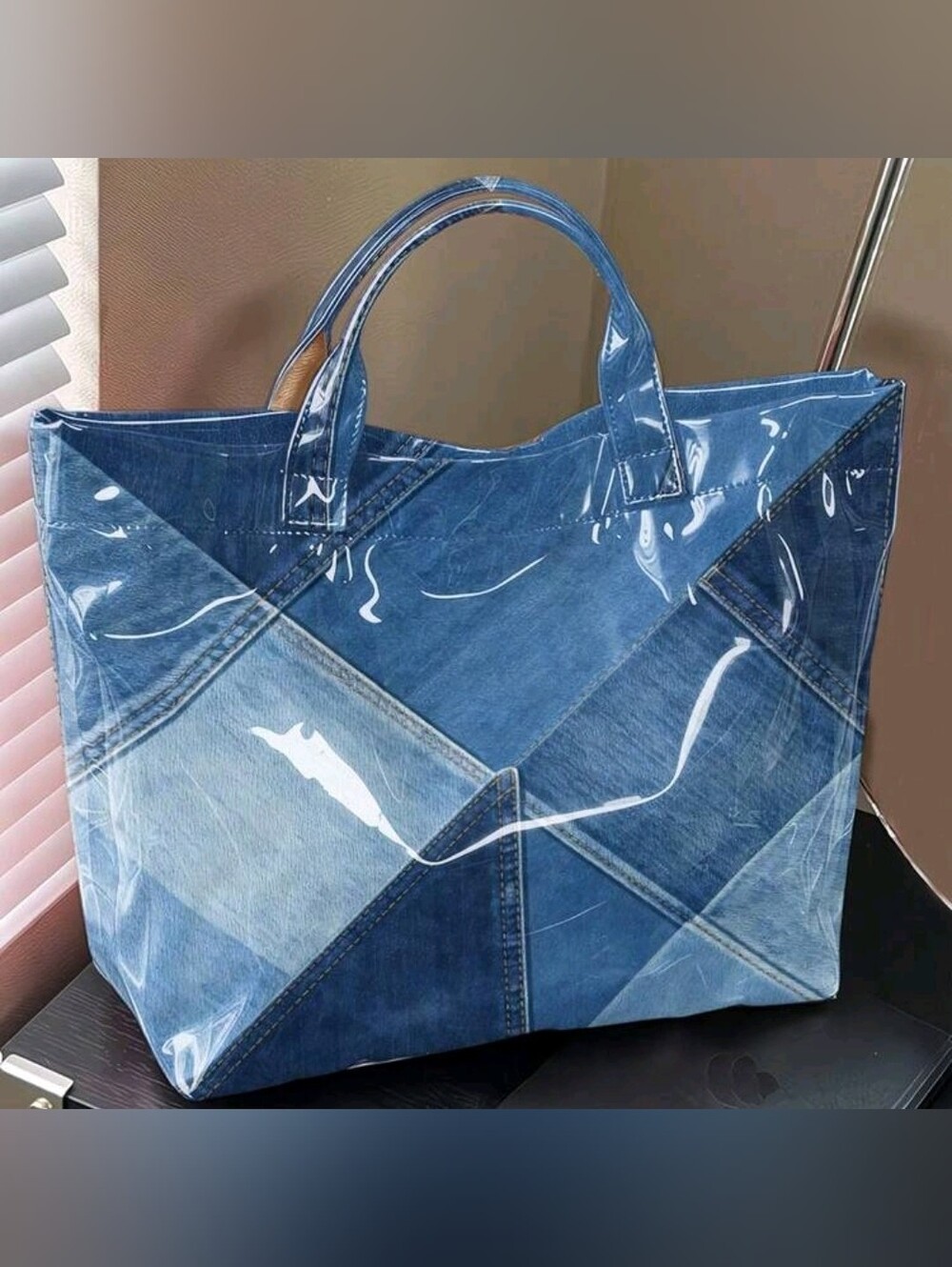 Women Denim Glossy Print PVC Tote Hand Bag Large